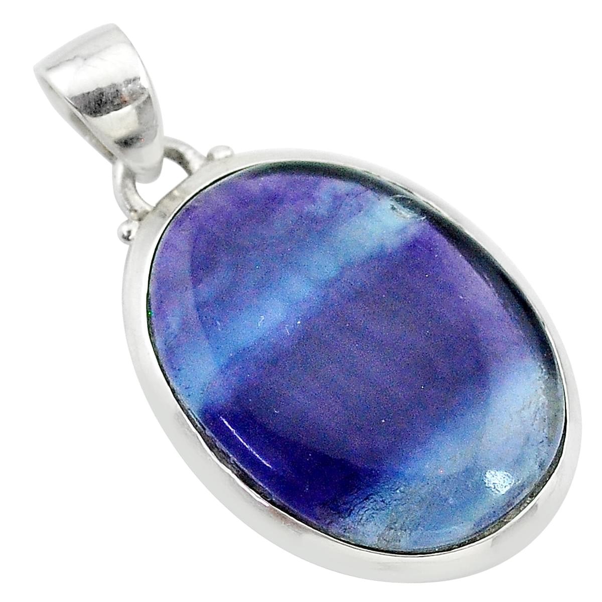 Pendentif serti d'une fluorite violette bleu ovale et argent + chaine 2,5cm gxi333