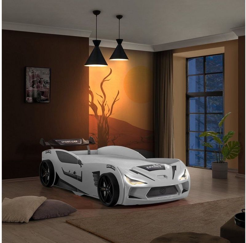 Aileenstore - Autobed Rio - Kinderbed - Wit - 90x200 - Inclusief Lattenbodem en LED-verlichting