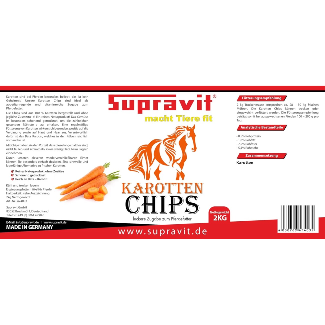 Supravit Karottenchips für Pferde - 2kg Eimer Pferdeleckerlis