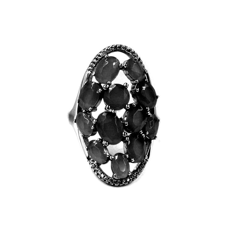 Bague Argent Asymétrique Pierres Noires