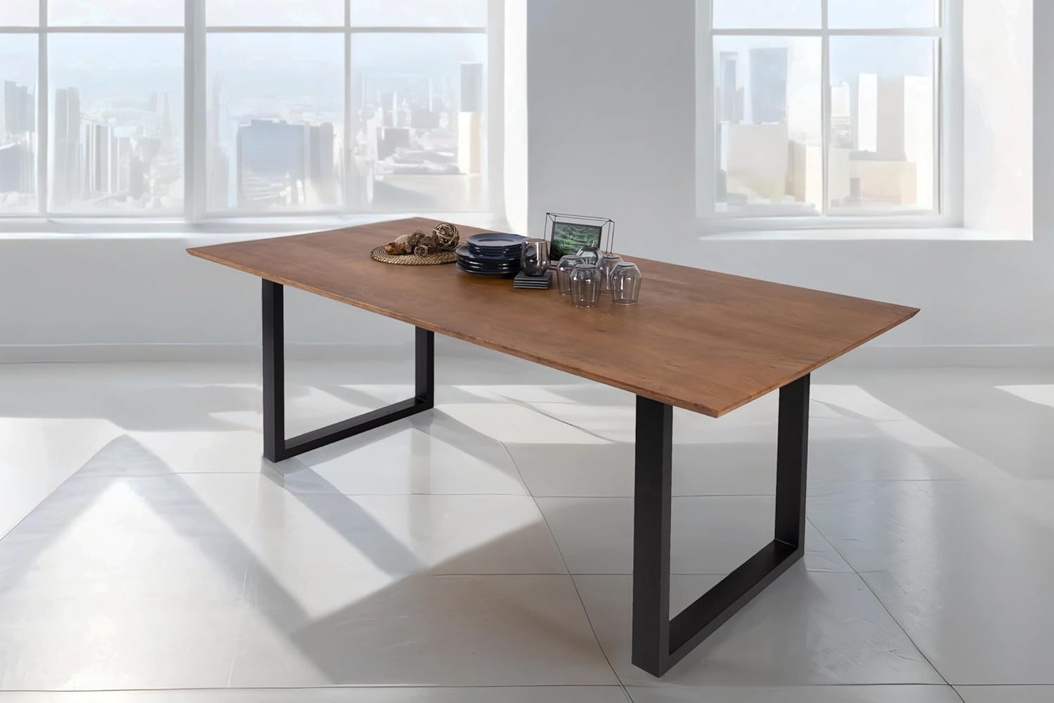 SAM Esstisch 260x100 cm Atlanta, Akazienholz massiv + nussbaumfarben, Esszimmertisch mit Schweizer Kante, U-Metallgestell Schwarz, massiver Holztisch, Tischplatte 26mm