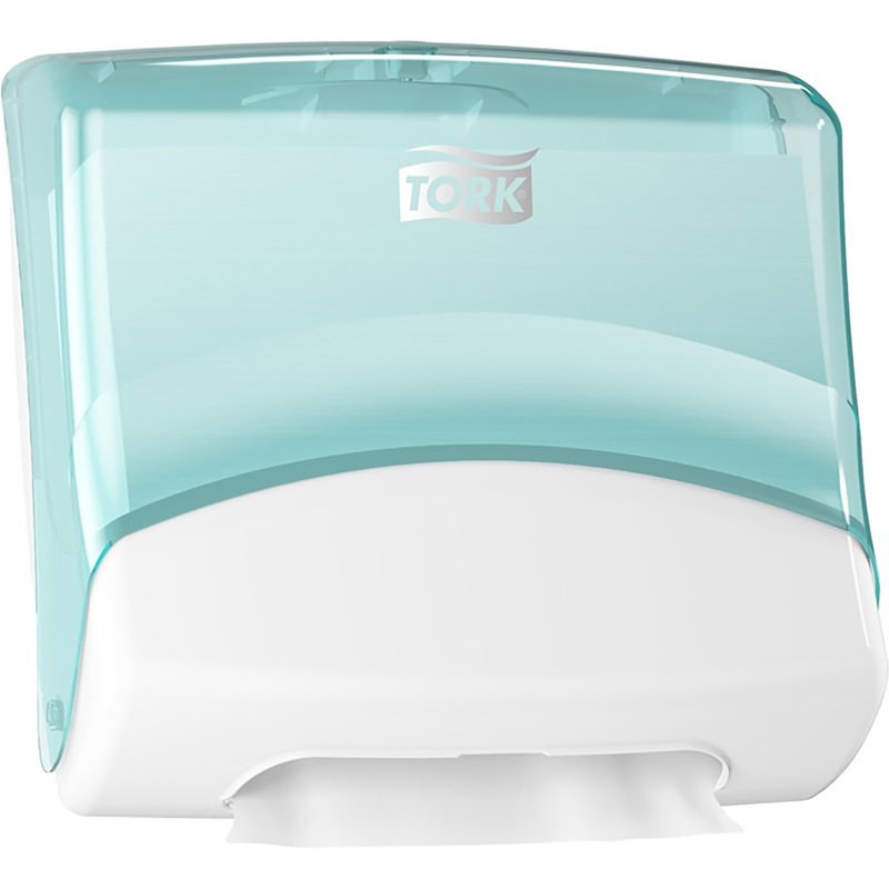 Distributeur Tork pour papiers/Chiffons Pliés Top-Pak blanc et turquoise W4, fixation murale, gamme Performance