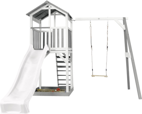 Axi Beach Tower speeltoren met enkele schommel en glijbaan, wit hout, grijs, wit