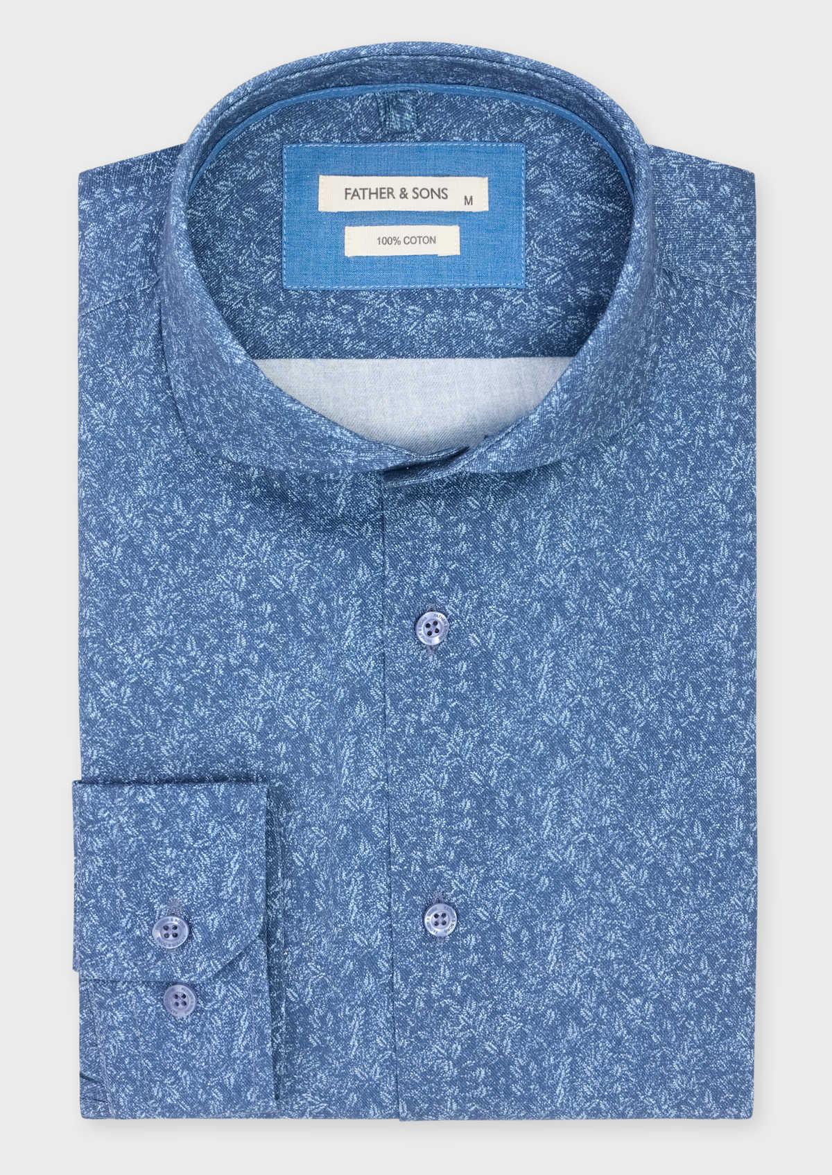 Chemise sport Regular en twill de coton bleu jeans à motif fleuri écru