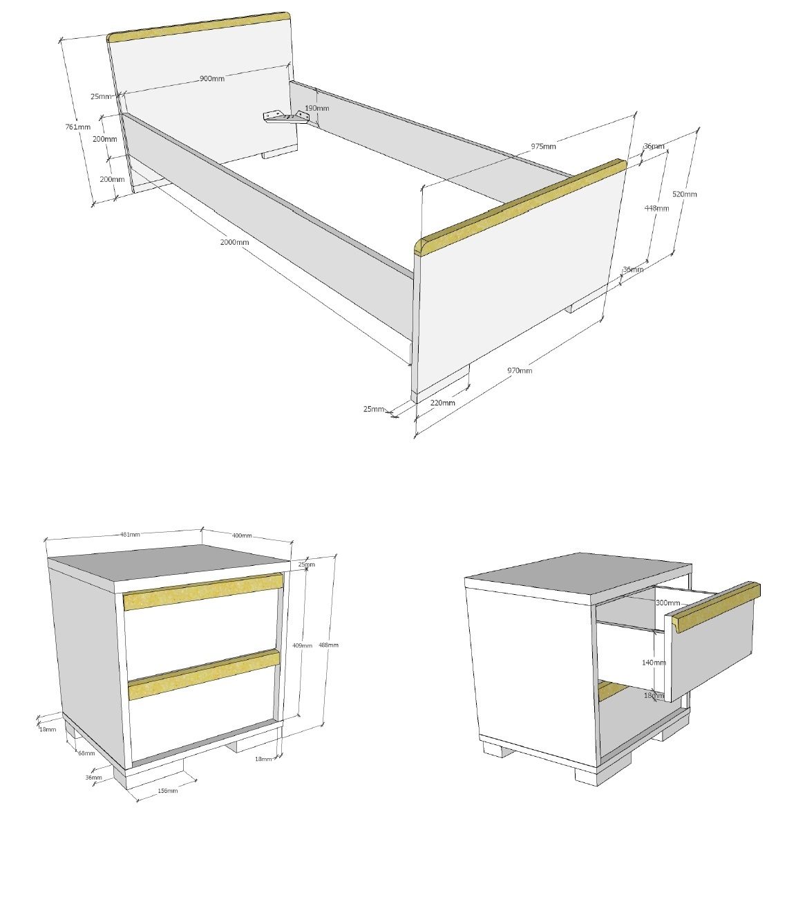 2-teiliges Jugendzimmer-Set LONDON - weiß - Buche - 90x200 cm