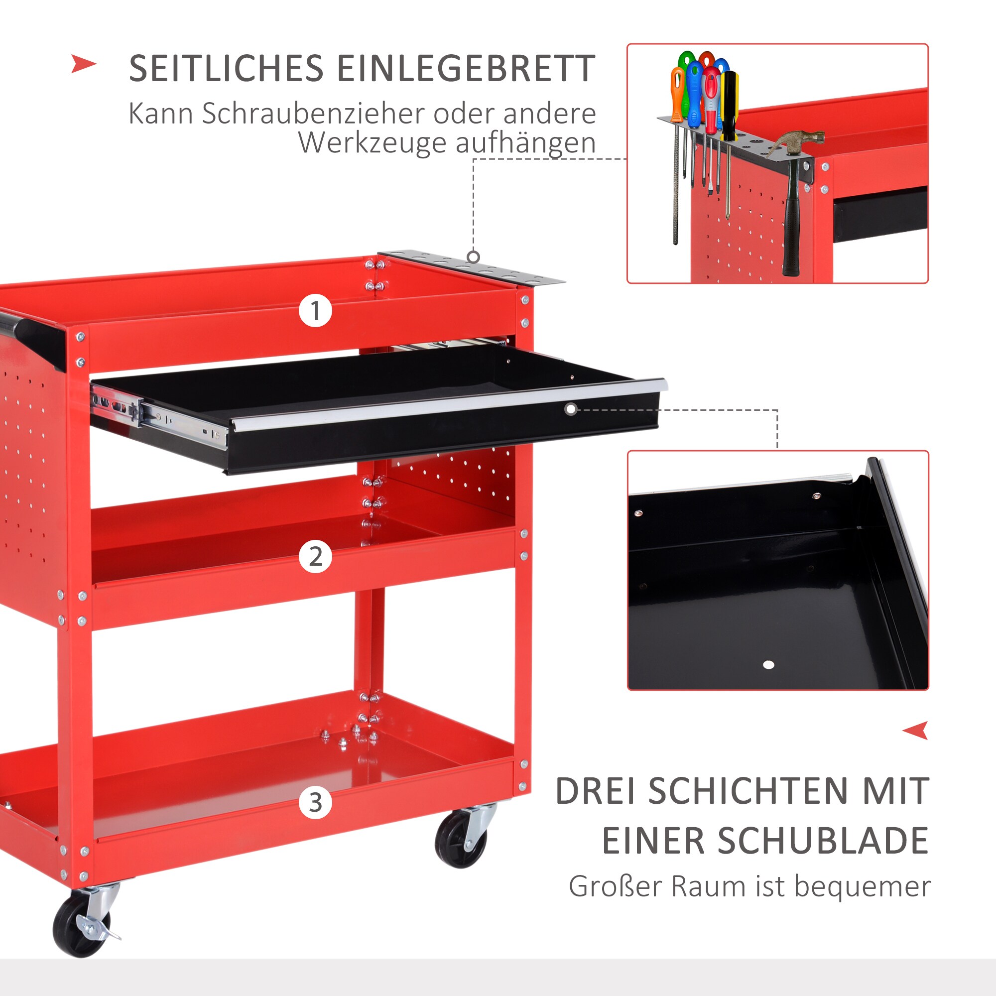 HOMCOM Werkstatt-Rollwagen mit Schublade und 3 Ebenen schwarz, rot 82L x 35B x 76H cm
