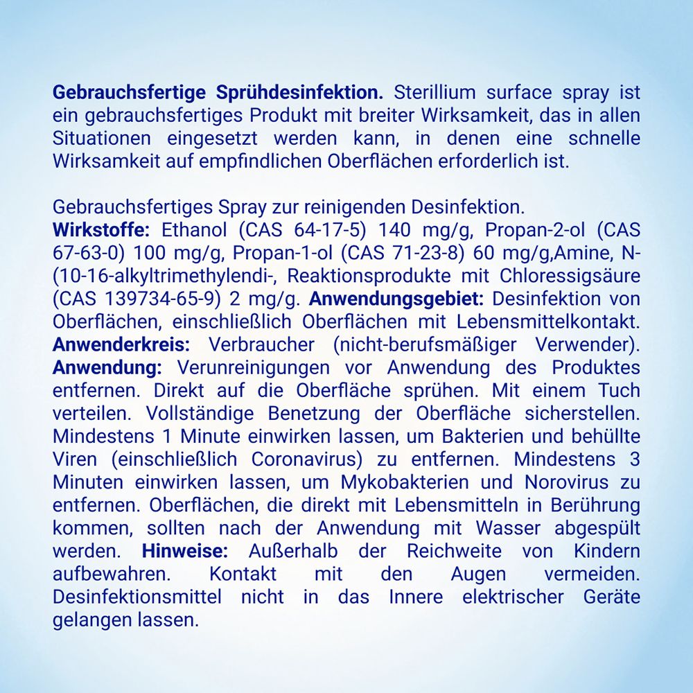 Sterillium surface spray, zur Schnelldesinfektion empfindlicher Oberflächen. Entfernt 99,99% der Bakterien, sowie z.B. Rotaviren