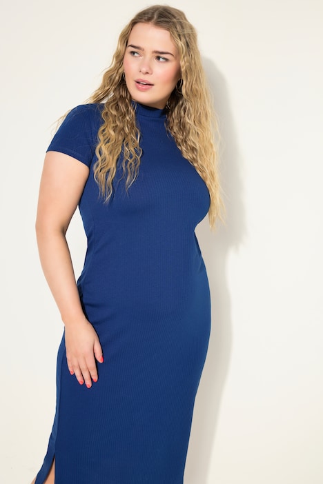 Jersey-Midikleid, Slim, Rippjersey, Stehkragen, Halbarm, OEKO-TEX