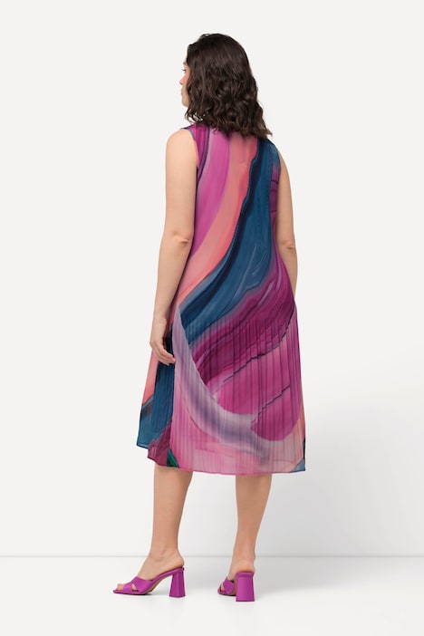 Plissee-Minikleid, Farbverlauf, A-Linie, Rundhals, ärmellos