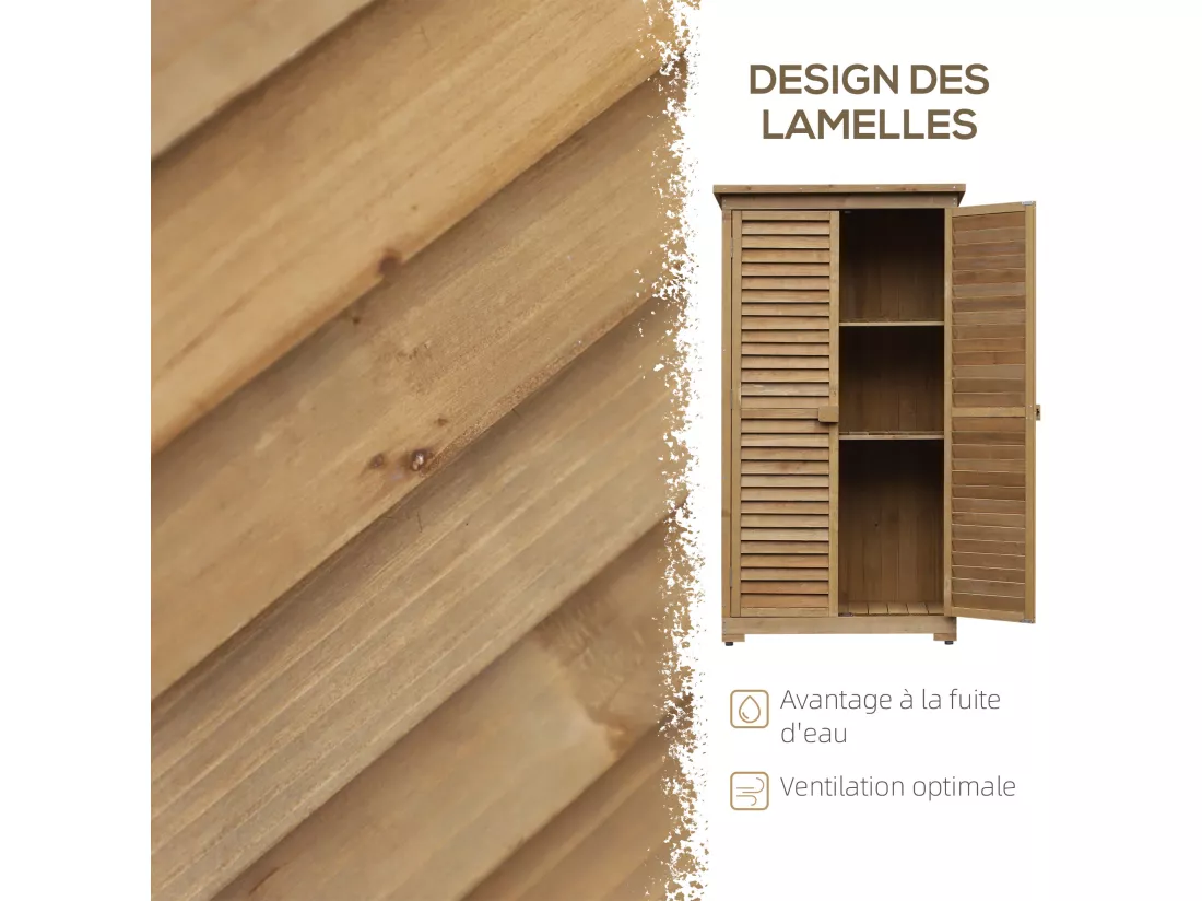 Armoire de jardin abri jardin remise pour outils sur pied 2 étagères portes persiennes toit bitumé étanche bois sapin pré-huilé