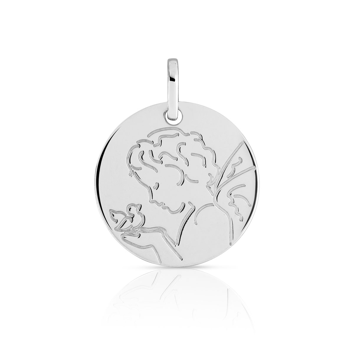 Medaille or blanc 375 ange et l'oiseau
