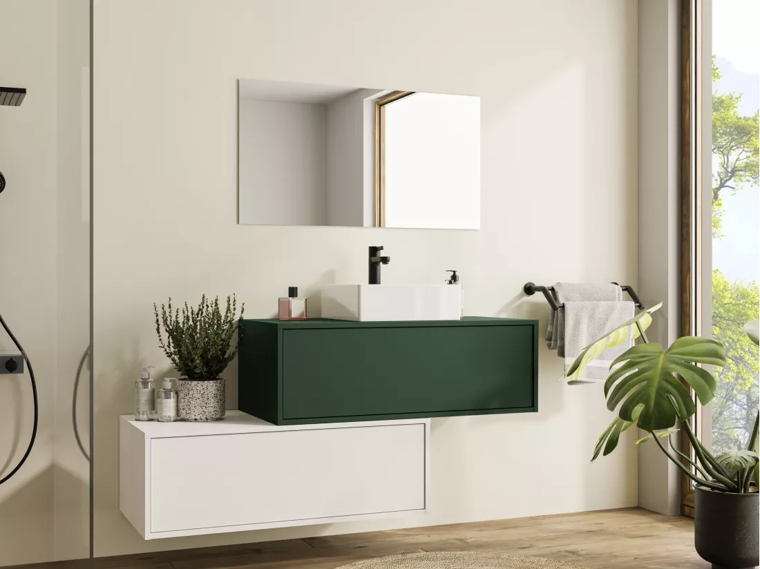 Meuble de salle de bain suspendu vert et blanc avec simple vasque carrée et deux tiroirs - 94 cm - TEANA II