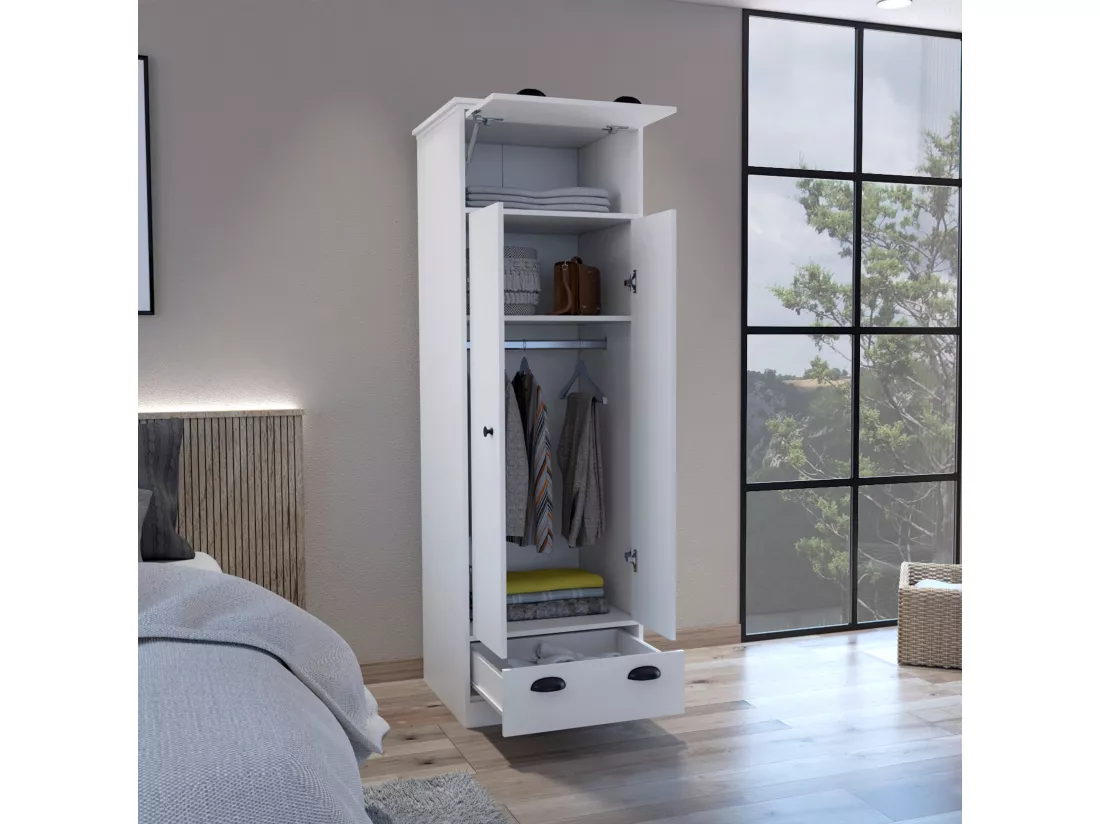 Armoire 2 portes en mélamine, avec tiroir à rail métallique, 178.99 cm X 59.20 cm X 50.01 cm , Blanc