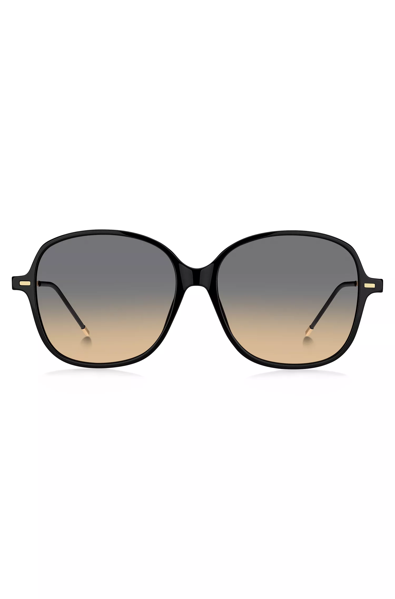 Óculos de sol BOSS em acetato preto com hastes douradas e alça de corrente.