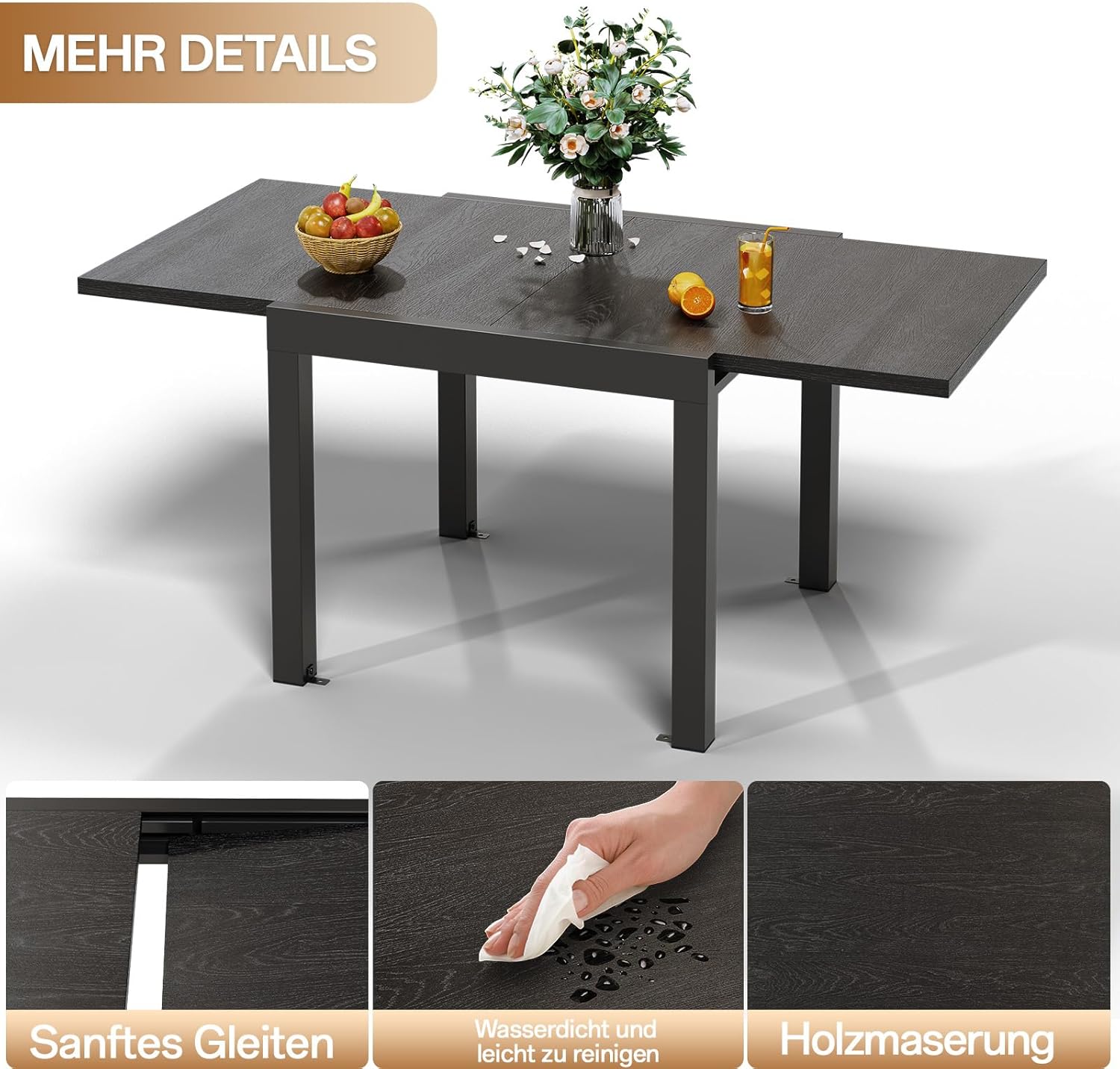 Devoko Aluminium Ausziehbarer Gartentisch, Wetterfest 80-160x80x75cm Outdoor Esstisch für 4-6 Personen mit Sonnenschutz, Leicht zu Reinigen, Dunkelgrau