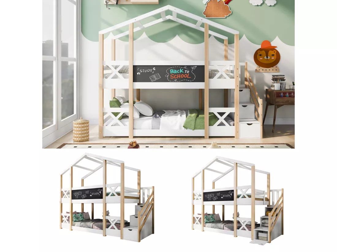 Lits superposés 2 x 90 x 200 cm pour enfant - lit cabane - tiroirs + escalier - blanc + naturel