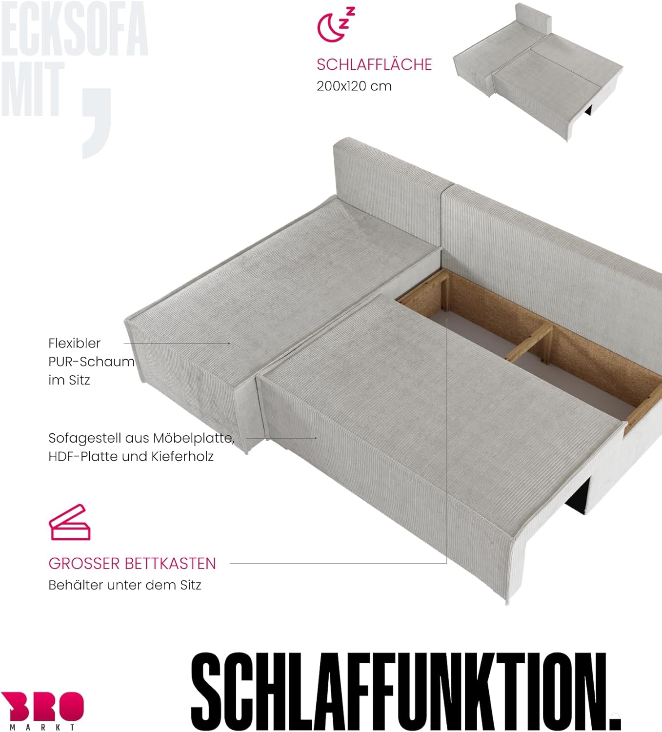 BROMARKT Ecksofa mit Schlaffunktion Sofa l Form Couch mit Bettkasten Wohnzimmer Möbel Cord Schlafsofa Wohnlandschaft Sofa 3 sitzer TOP 200x85x145 cm Beige