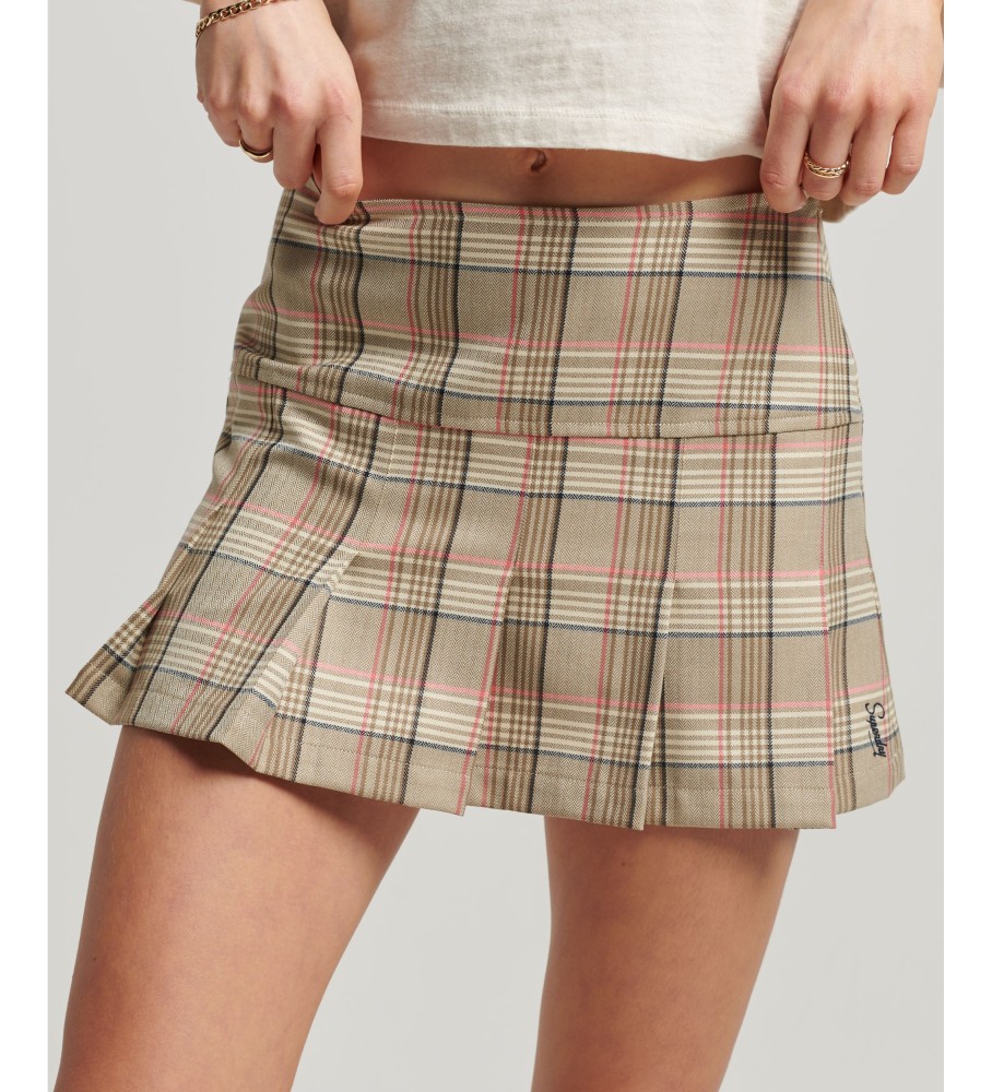 Saia midi plissada xadrez bege da Superdry
