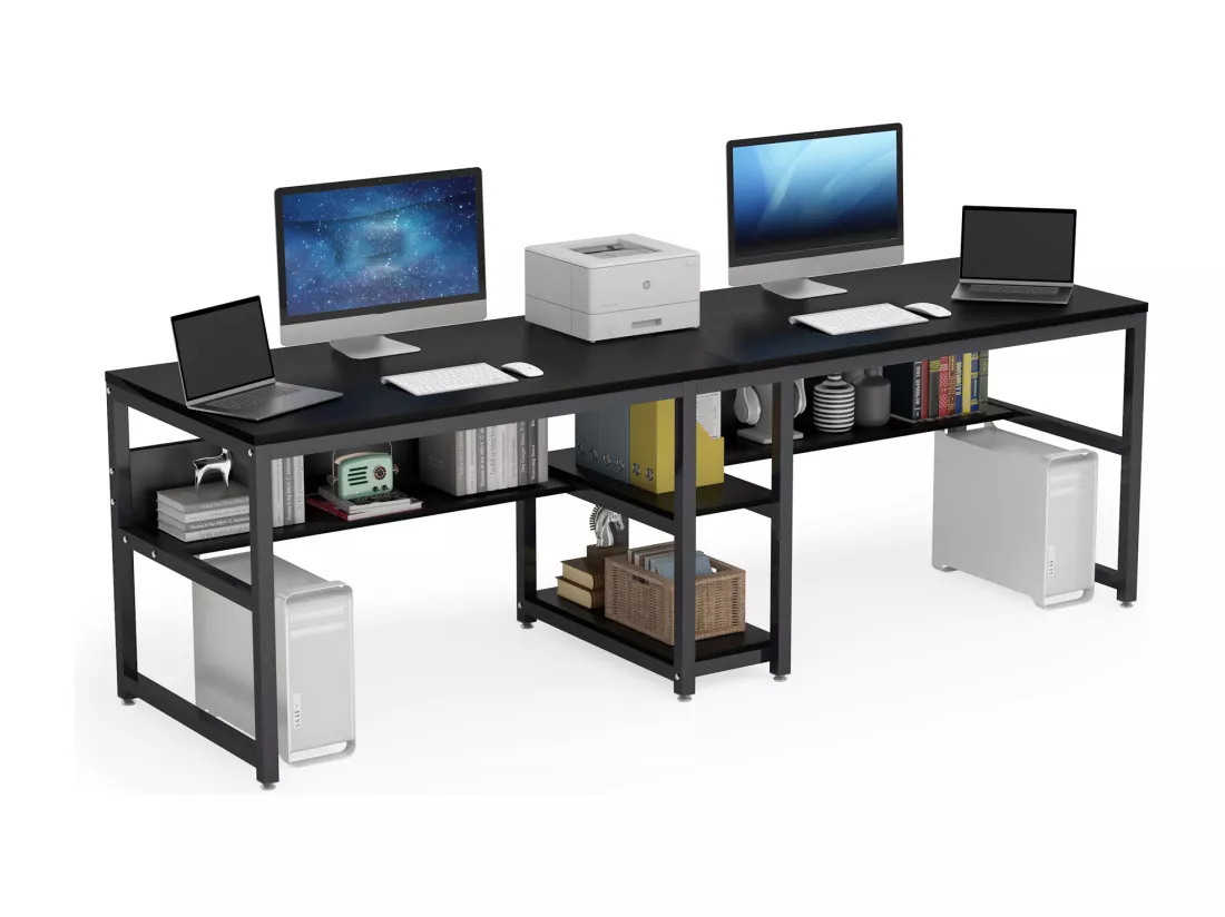 Bureau double pour deux personnes avec bibliothèque, bureau d'ordinateur double pour deux personnes, noir