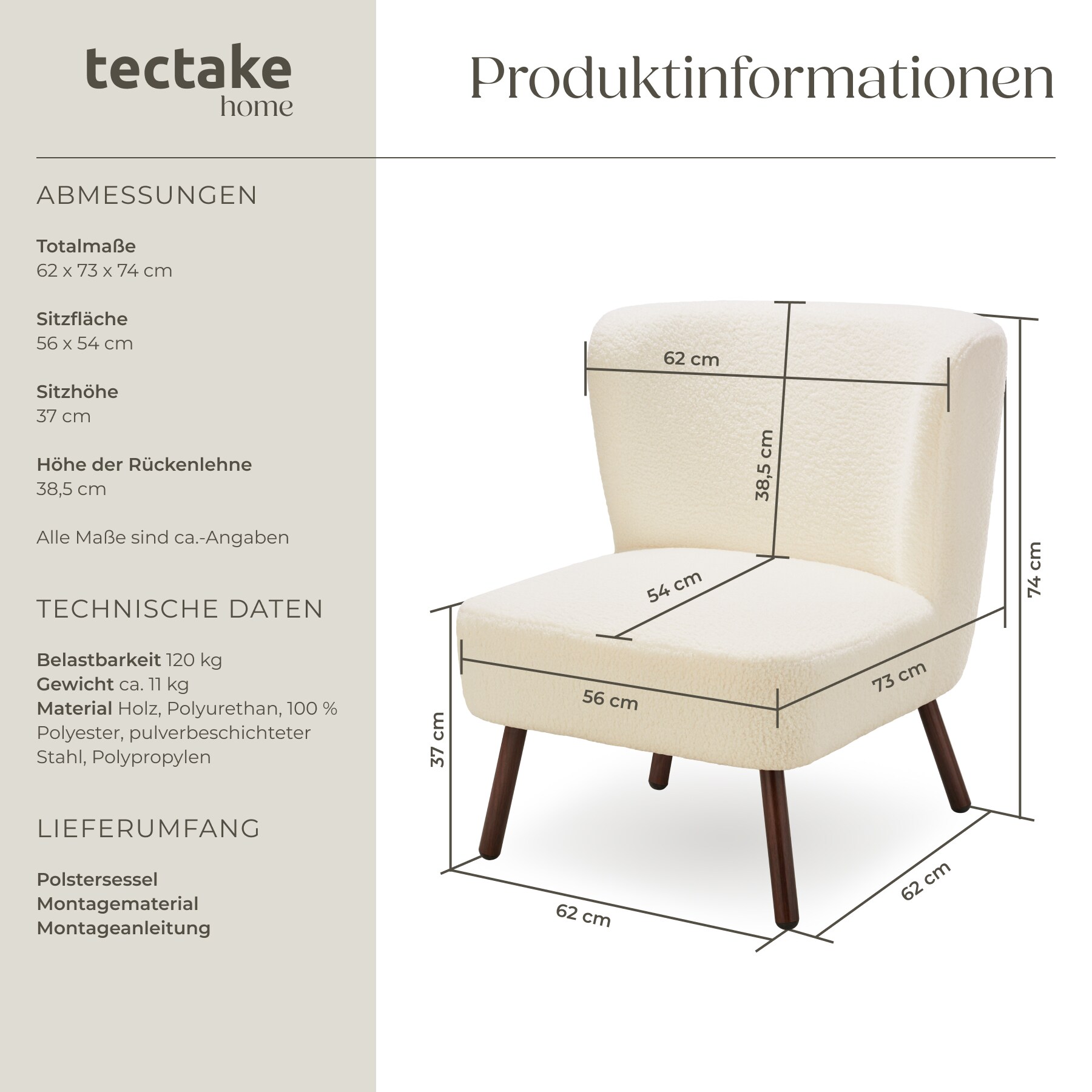 tectake® Teddy-Cocktailsessel, gepolstert, mit Bouclé-Bezug, runde Stahlbeine in Holzoptik, 62 x 73 x 74