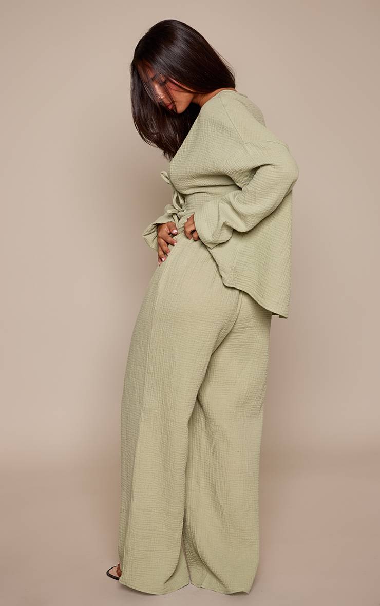 Vert Sauge Pantalon Large Coordonné Petite En Tissu Gaufré Façon Cheesecloth
