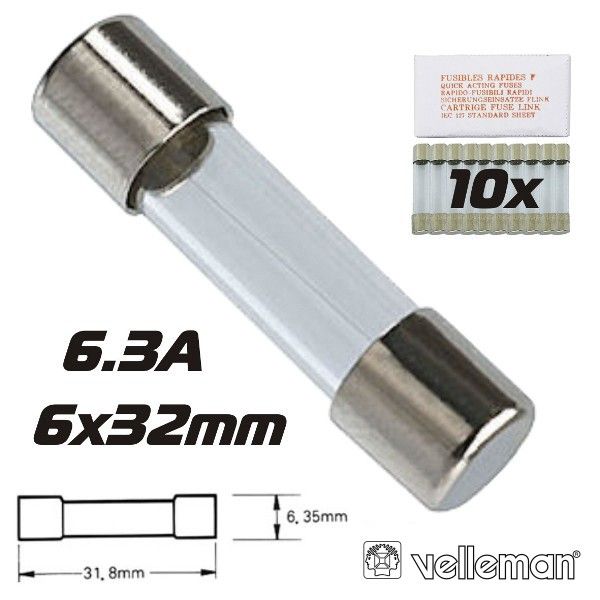 Velleman Fusível 6X32 Fusão Rápida 6.3A (10X) - 6FF6.3N