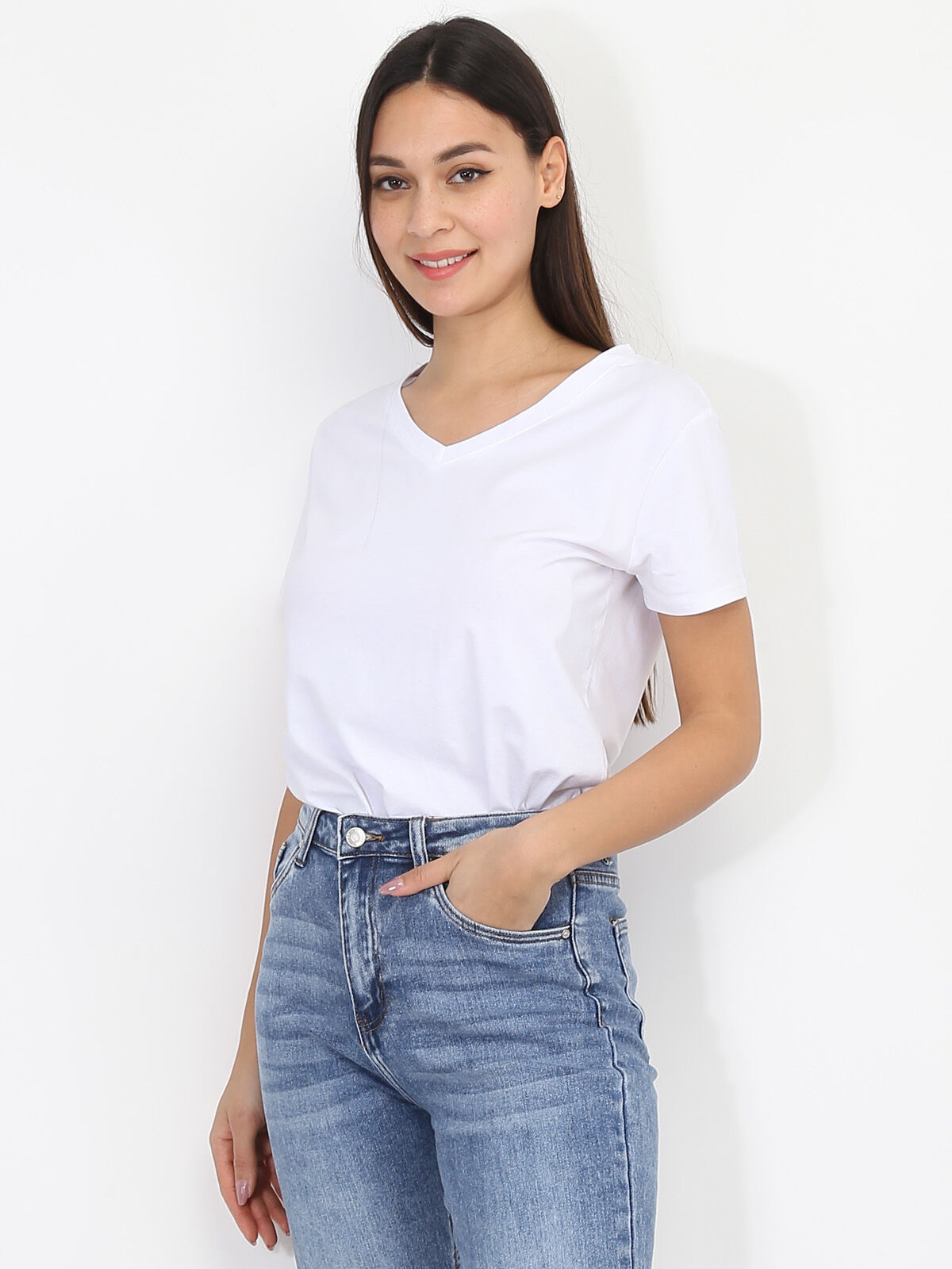 T-shirt basique à col V- Blanc
