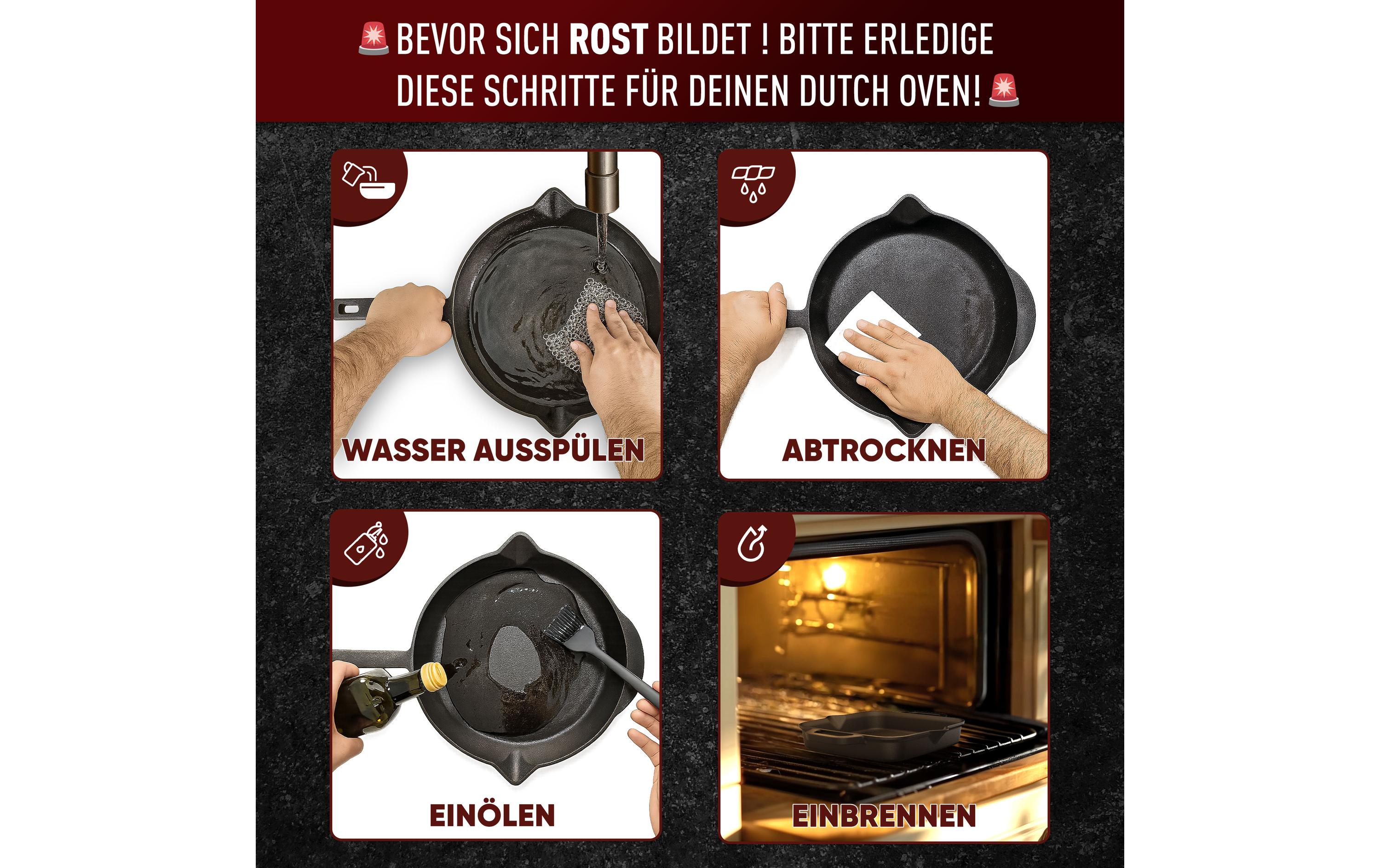 Bratpfanne 30 cm mit Ledergriff, ReinigerGusseisen Bratpfanne mit Lederüberzug und Ringreiniger