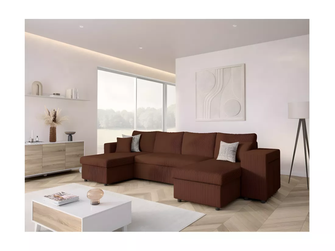 Canapé panoramique Oslo convertible avec 2 coffres, 2 poufs à droite en velours côtelé marron - L311 x P146 x H81cm - Loungitude