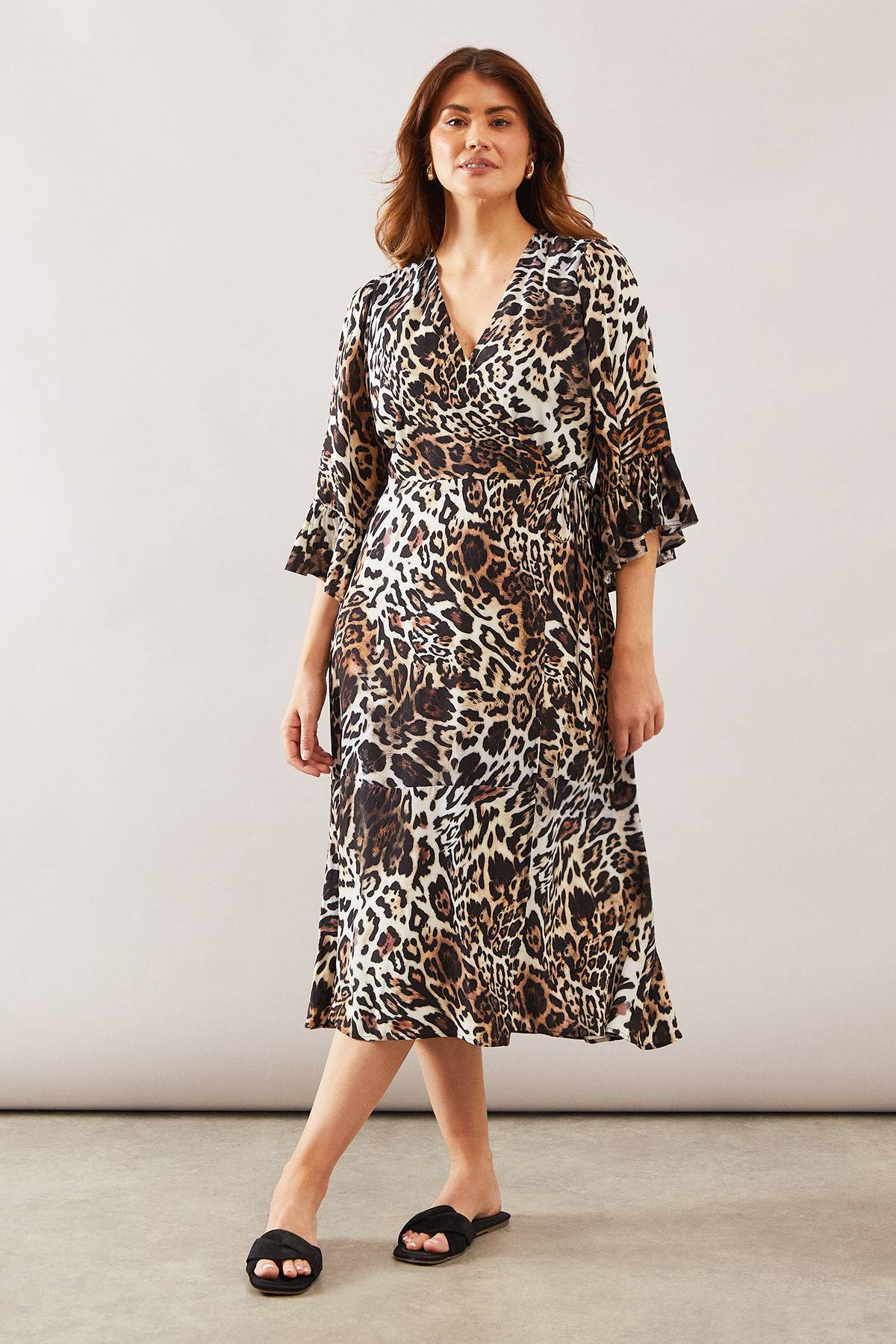 Wallis Robe Midi Portefeuille à Volants Imprimé Léopard
