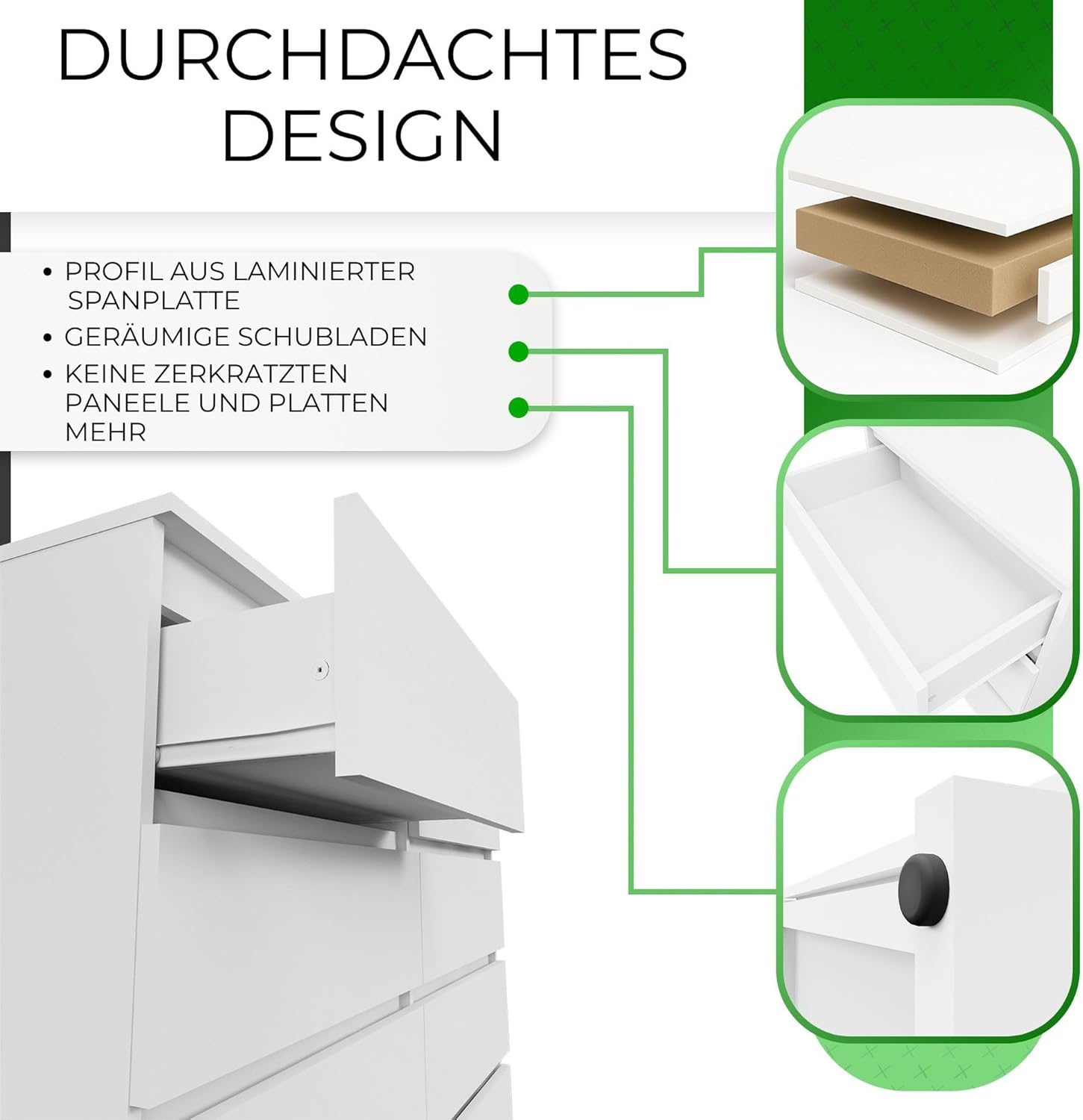 CDF Kommode Weiß mit 8 Schubladen 40 cm Tief Komodenschrank Komode für Wohnzimmer Schlafzimmer Schubladenschrank Malm Kommode viel Stauraum Geeignet Organizer Kleidung 120 cm Breite Modern Look