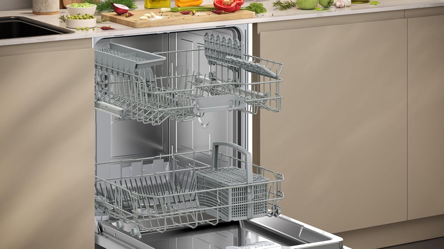 NEFF S253ITX01E, N 30, Smarter Geschrirspüler Vollintegriert, 60 cm, Besteckkorb, Chef 70°C Profi-Programm gegen hartnäckige Verschmutzungen, AquaStop, Info Light höhenverstellbarer Oberkorb