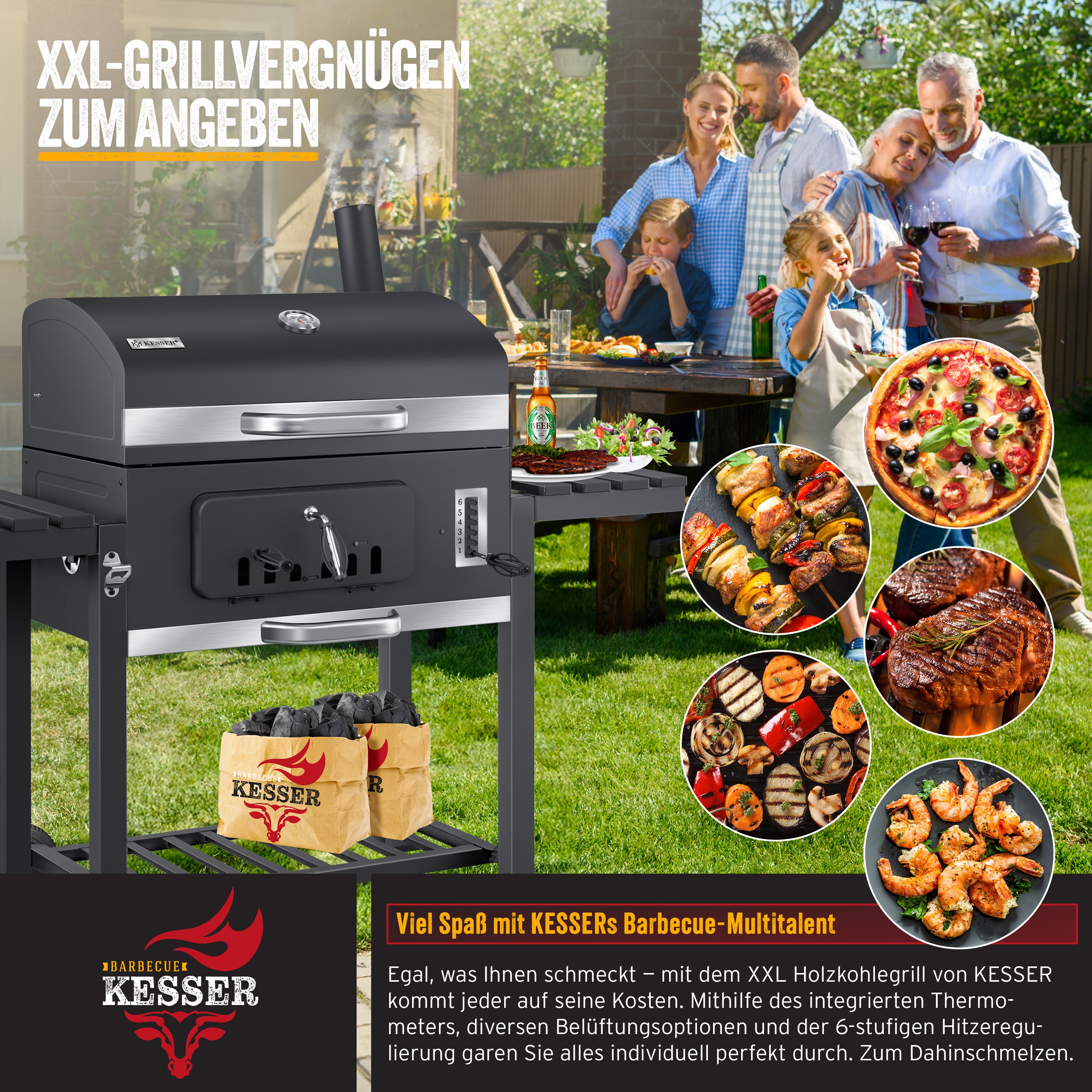 KESSER® Grill Grillwagen XXL Holzkohlegrill mit Deckel, Rädern, Edelstahl-Griff, Grillrost und Thermometer Holzkohle kohlegrill Wagen groß Kohle BBQ Barbeque Camping, Terrasse, Garten