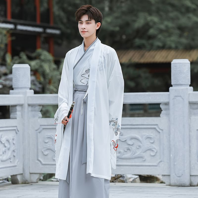 Tangier - Traditionele Chinese Hanfu-top met lange mouwen, V-hals en borduurwerk / Hoge taille, effen geplooide maxi-A-lijn rok / Lange jas / Set