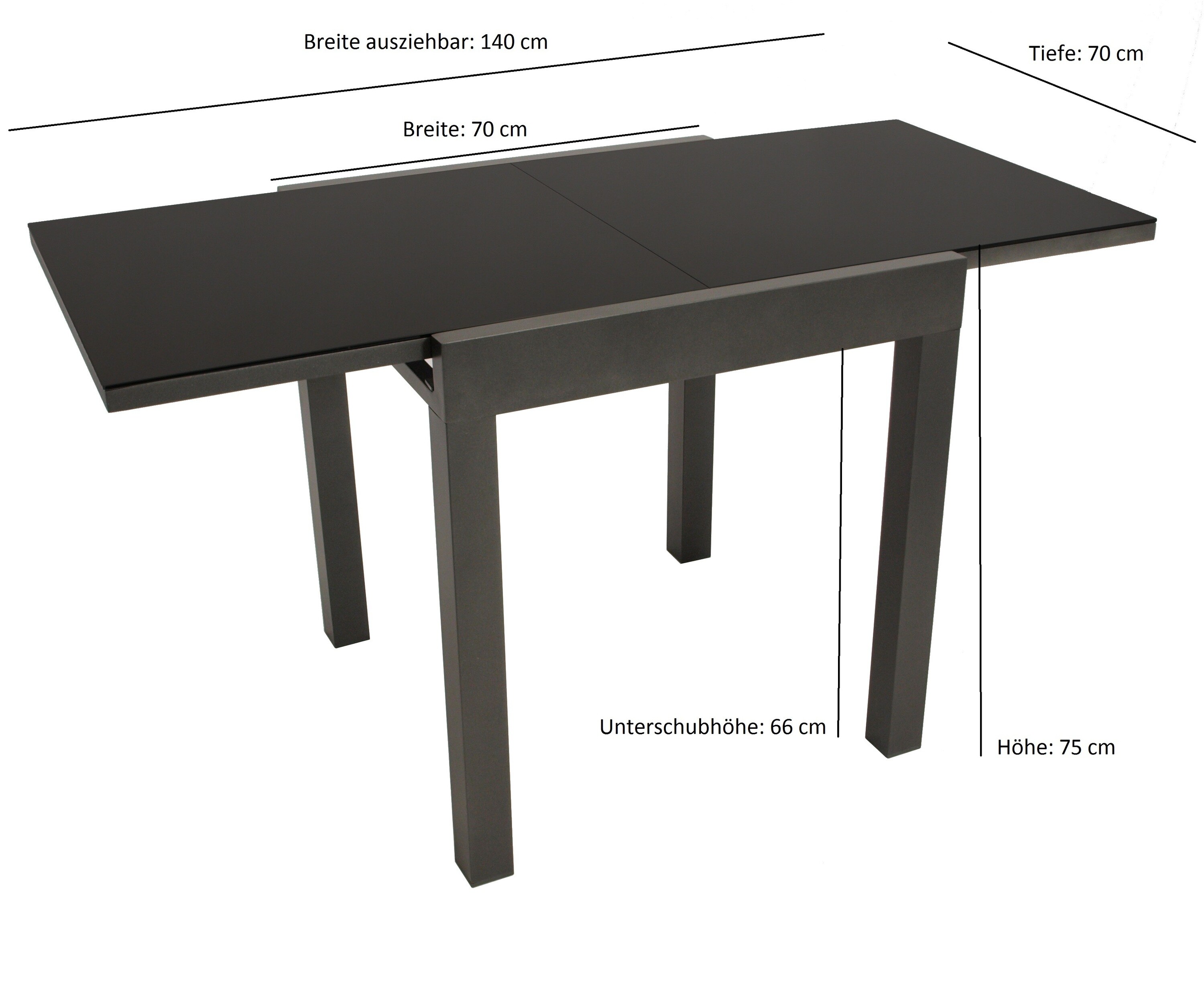 DEGAMO Balkon-Ausziehtisch ELBA 70/140x70cm, Aluminium anthrazit + Glas schwarz