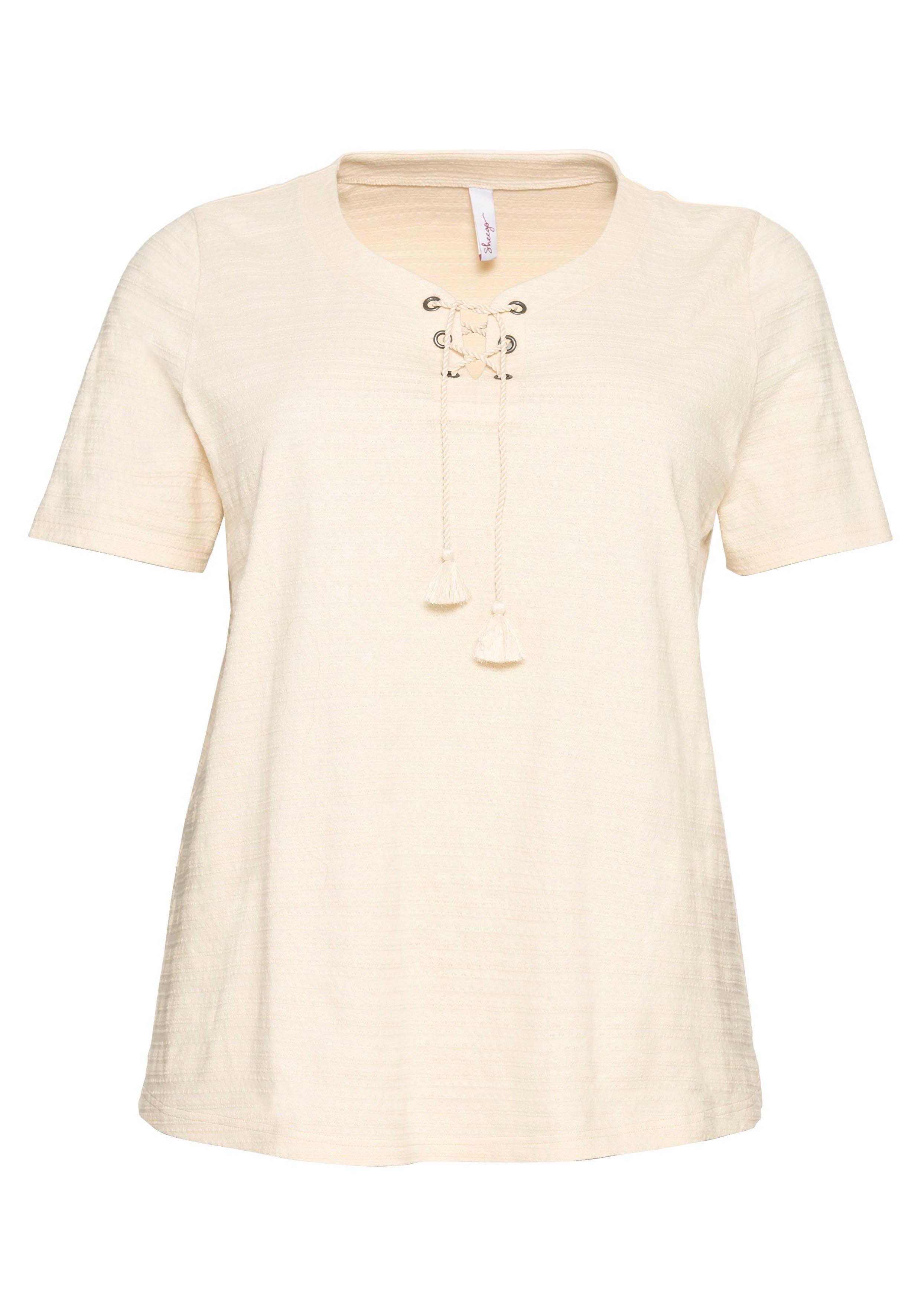 Shirt in Jacquard-Optik, Bindeband am Ausschnitt