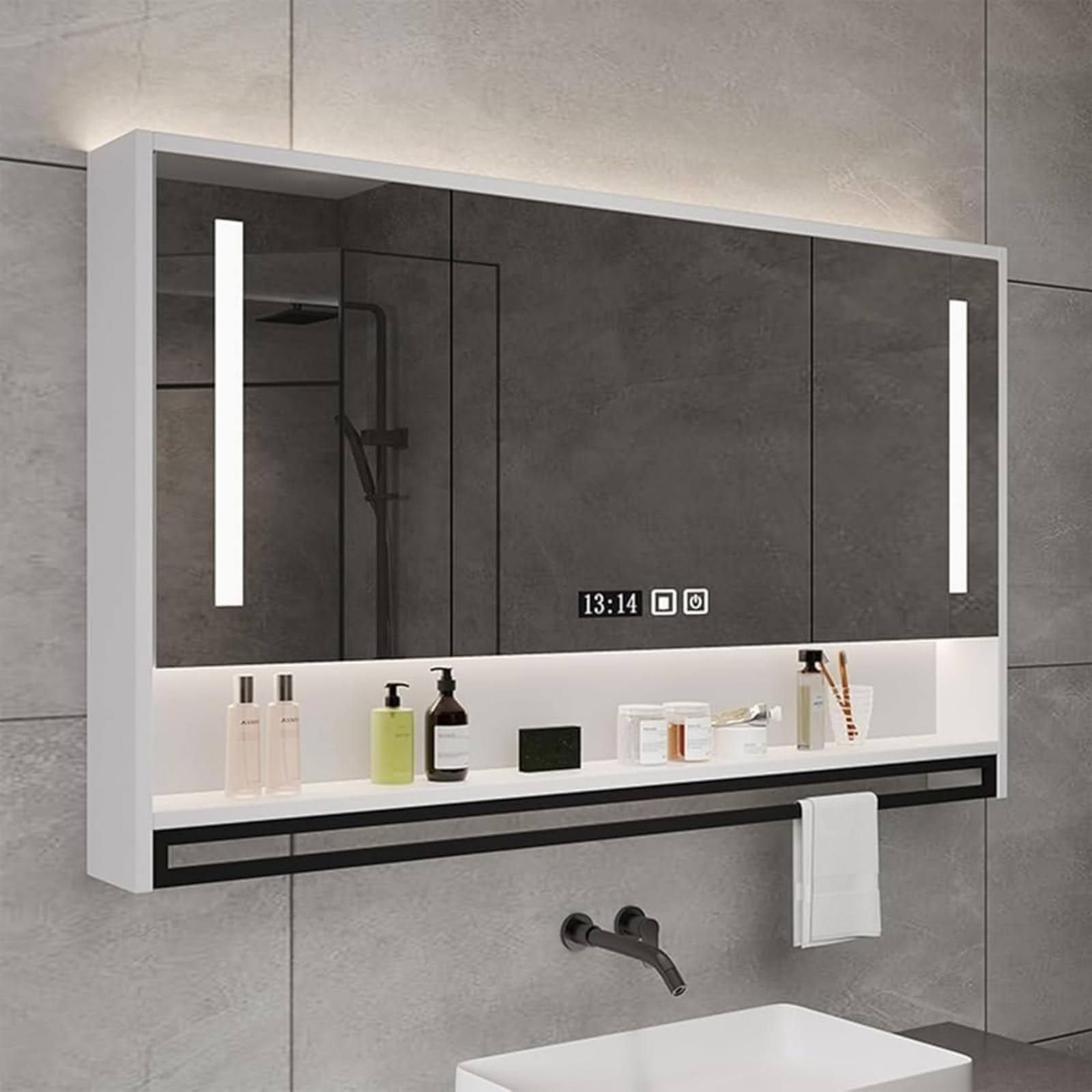 GEESDF Badezimmerspiegel 3 Türen Badezimmerspiegelschrank Mit LED-Leuchten Wandmontierter Badezimmerschrank Mit Verstellbaren Lagerregalen
