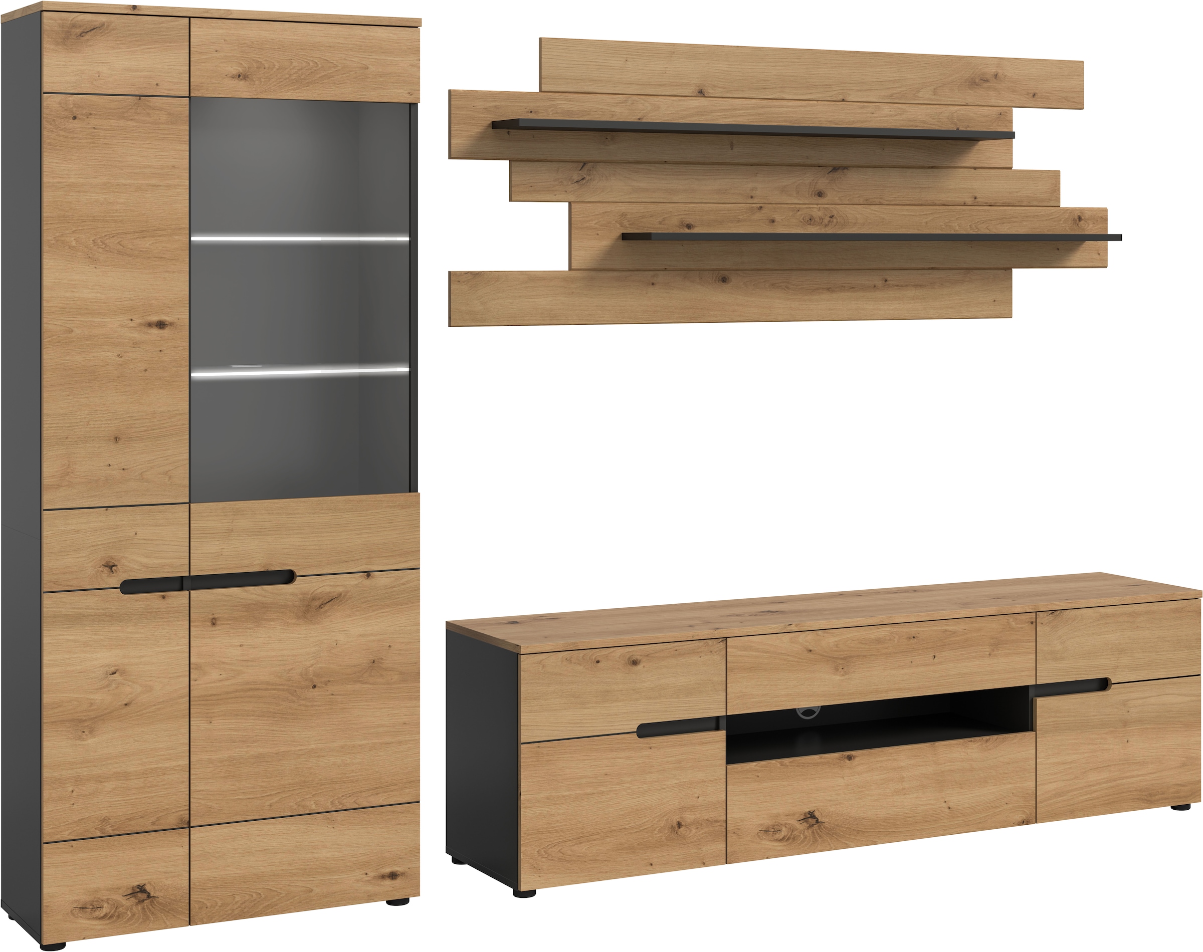 INOSIGN Wohnwand »REHAT, TOPSELLER!, 3-teilig, Breite 280 cm, inklusive Beleuchtung« Set inkl. Beleuchtung, bestehend aus: Vitrine, Lowboard und Wandboard, 5 Stk. tlg.
