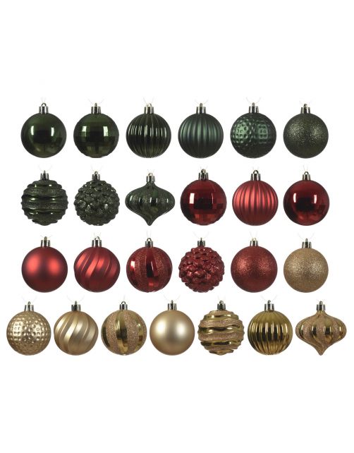 Decoris Kerstballen Mix - Kerstboomversiering - Goud Groen Rood 30 stuks 4 Assortiment