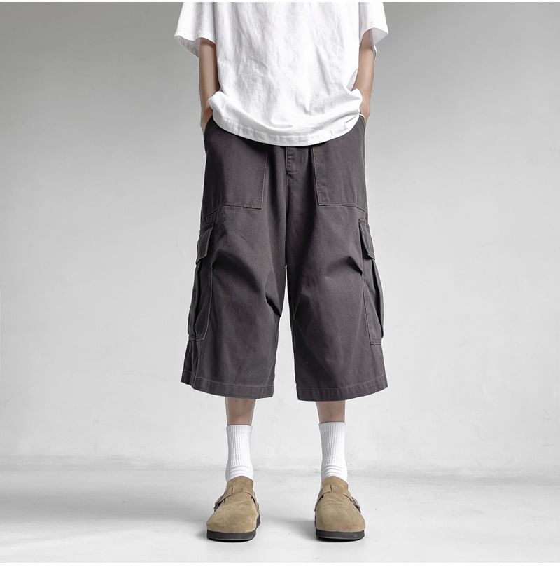 Lorencho - Mid Rise Plain Capri Wide Leg Cargo Pants