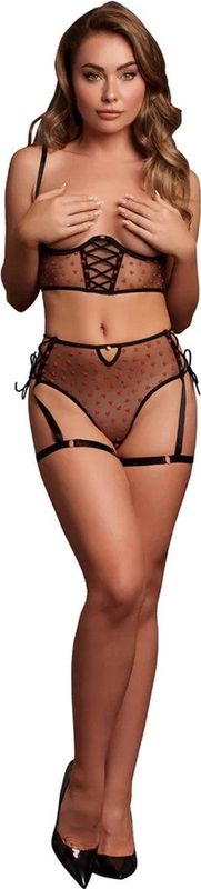 Two Piece Set with Underwired Open-Cup Bra and Panty with Laced Up Details - One Size - Black