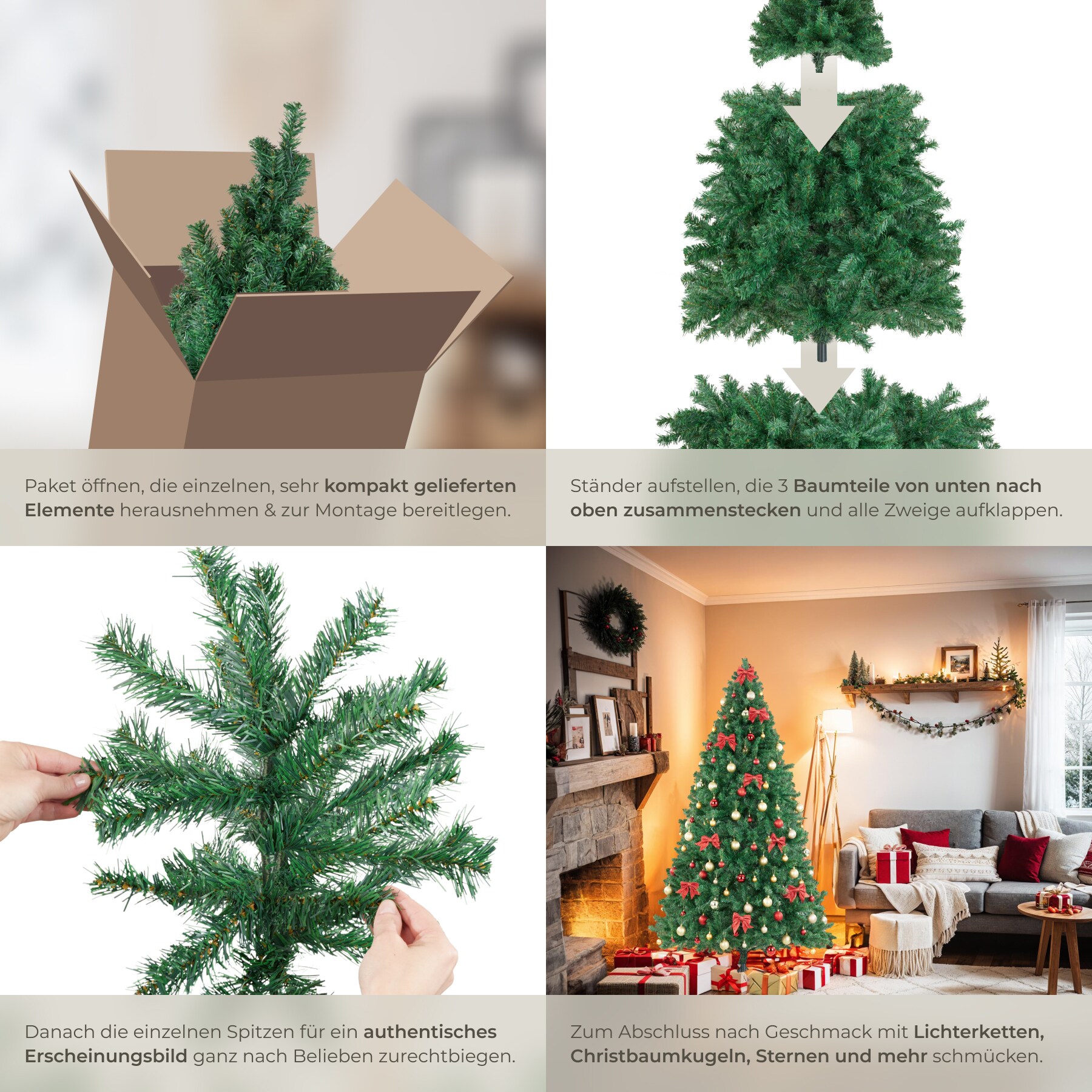 tectake® Weihnachtsbaum , künstlich in Grün, mit dichten Nadeln, formbar mit viel Volumen, pulverbeschichteter Metallständer mit Kunststoffkappen