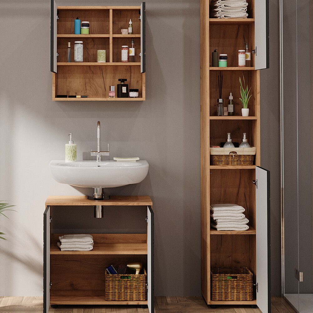 Vicco Badmöbel-Set Irma Eiche Anthrazit 3-teilig Hochschrank Waschbeckenschrank 60 cm