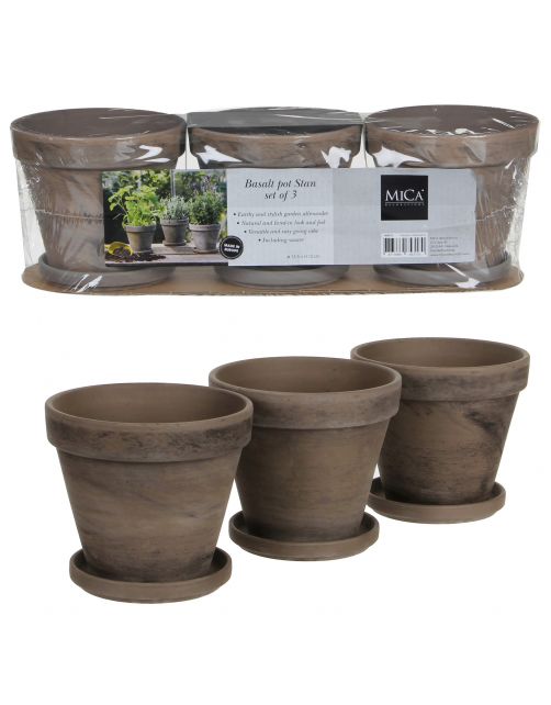 Mica Decorations Terracotta Pot Met Schotel Set Van 3 - Bloempotsets - 41x14x12 cm Grijs