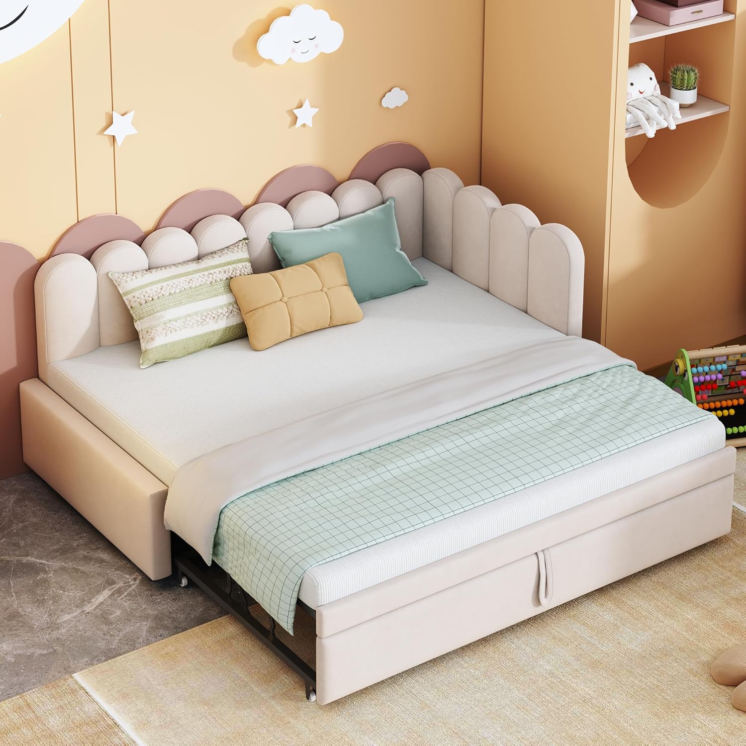 Schlafsofa 90/180x200 cm, L-Form Sofabett mit Ausziehbett, Polsterbett mit Lattenrosten, Kinderbett Tagesbett für Gästezimmer Schlafzimmer (Ohne Matratze) Samtstoff Beige