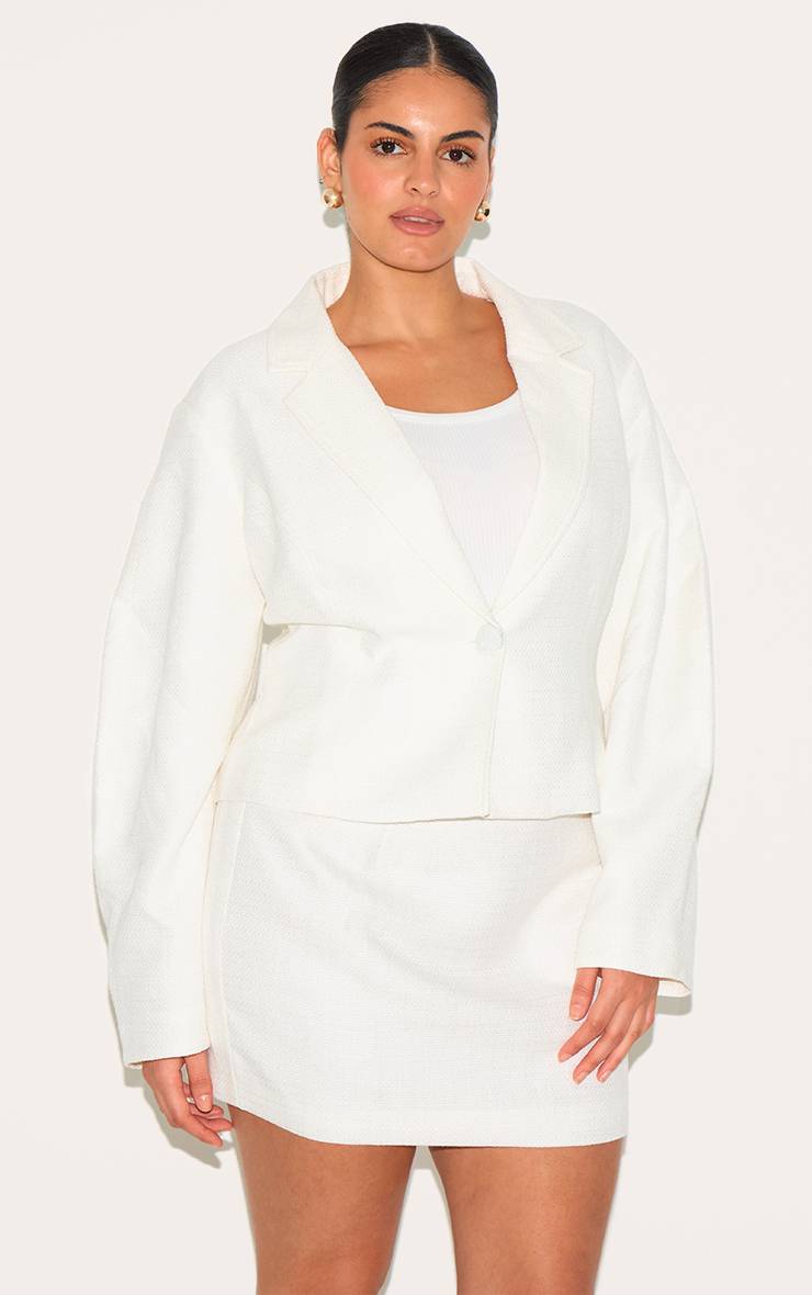 Crème Blazer Bouclé Grande Taille Taille Cintrée Ensemble Coordonné