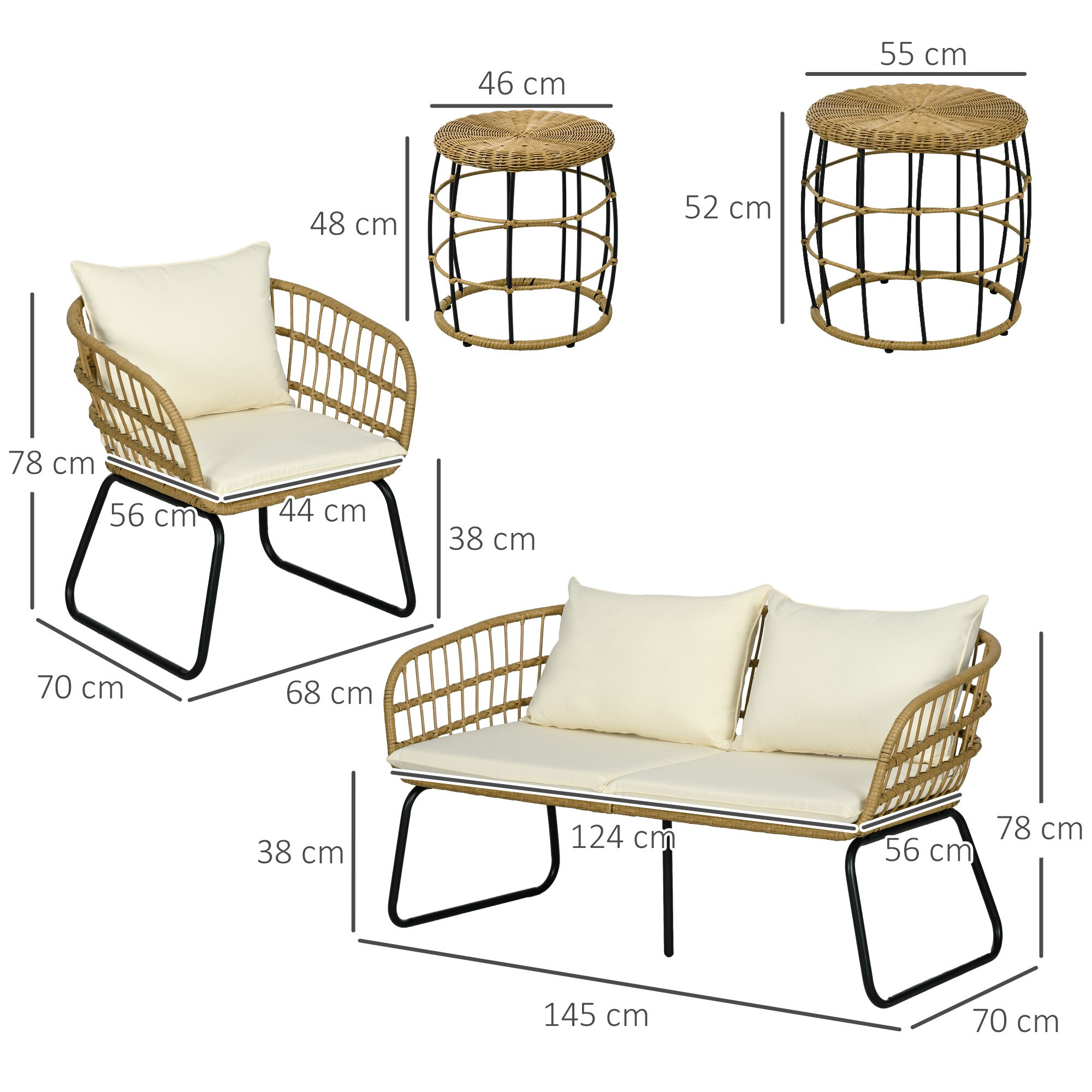 Outsunny Gartenmöbel-Set mit 2 Beistelltischen für 4 Personen beige 145L x 70B x 78Hcm