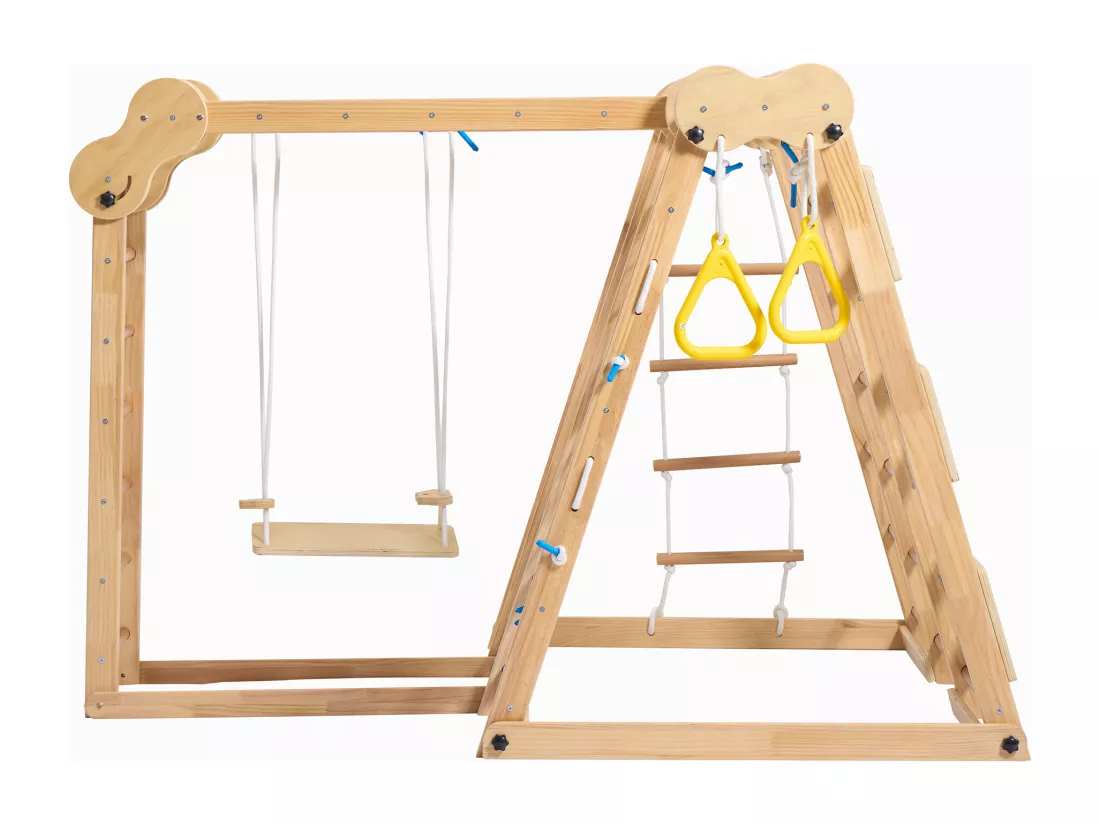 Aire de jeu 7 en 1 pour enfant - avec toboggan, barre d'escalade, balançoire, corde d'escalade, échelles en filet - couleur bois