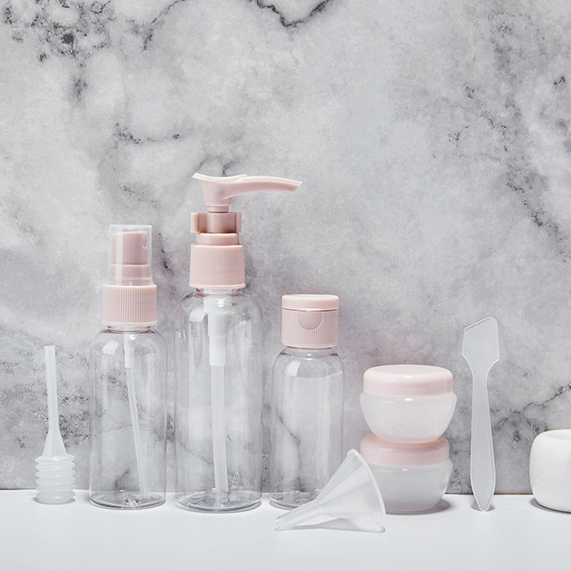 (8-tlg. Set) Befüllbare Kosmetik Behälter Reise Flasche Organizer - Transparent / Rosa