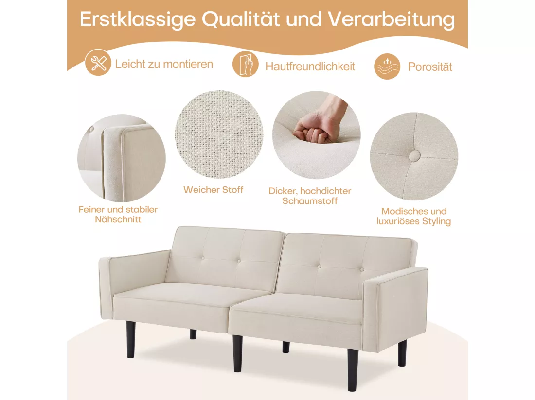Canapé 2 places avec dossiers réglables - 176 x 76 x 74 cm - Tissu coton-lin et pièds en métal - Beige